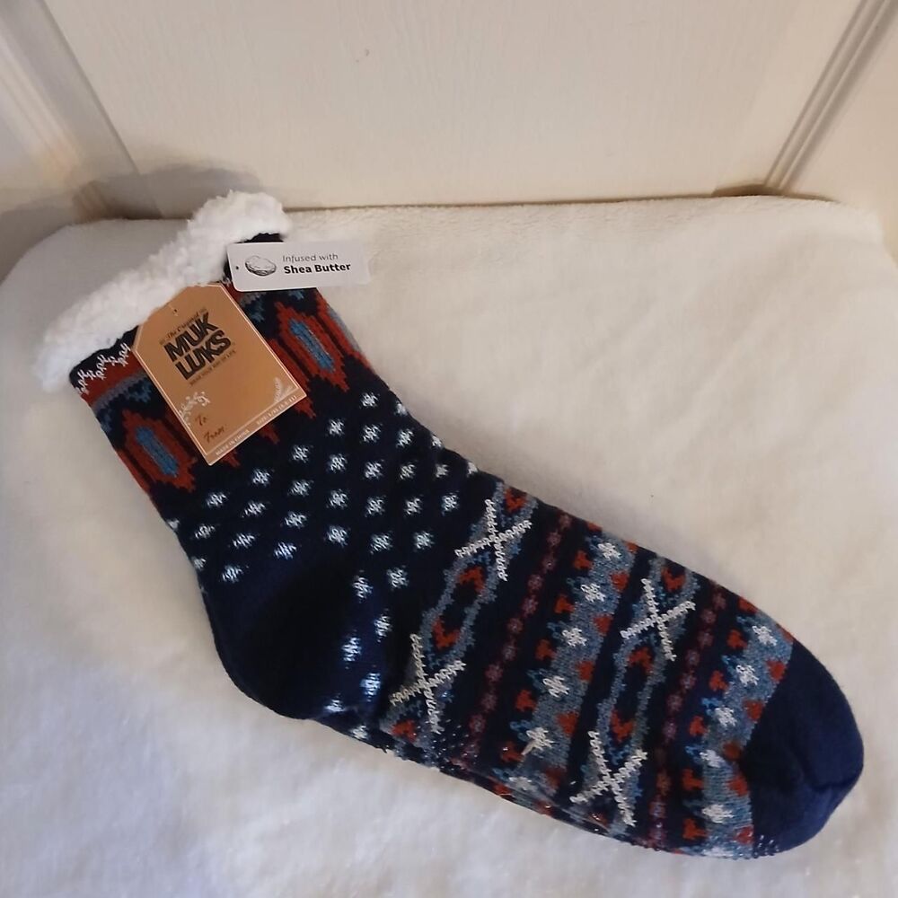 Muk Luks Fair Isle Pattern shea butter infused sherpa lined cabin slipper socks